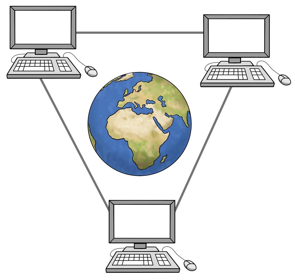 Weltkugel mit 3 Computern