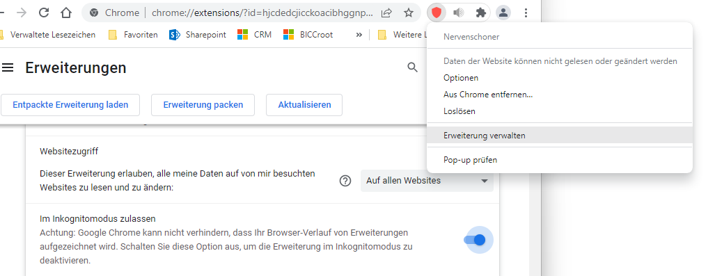 Bildschirmfoto zeigt Aktivierung des Plugins im privaten Modus bei Chrome