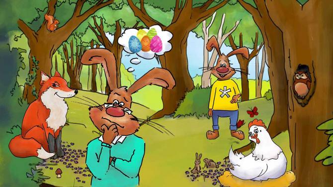 Osterhasen Fuchs und Huhn im Wald, gemaltes Bild