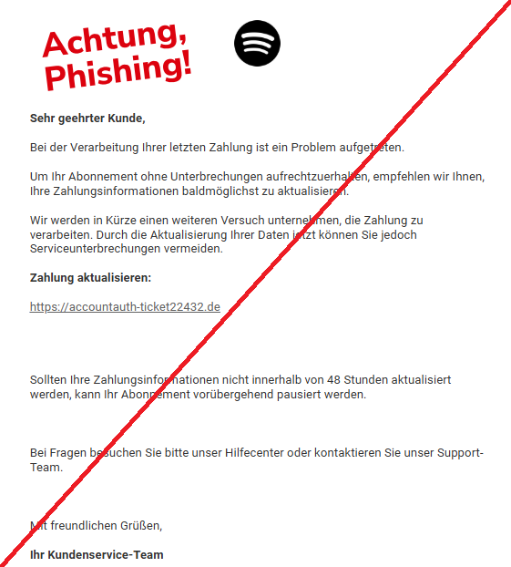 Screenshot einer E-Mail mit Logo von Spotify und Text: "Sehr geehrter Kunde, Bei der Verarbeitung Ihrer letzten Zahlung ist ein Problem aufgetreten. Um Ihr Abonnement ohne Unterbrechungen aufrechtzuerhalten, empfehlen wir Ihnen, Ihre Zahlungsinformationen baldmöglichst zu aktualisieren. Wir werden in Kürze einen weiteren Versuch unternehmen, die Zahlung zu verarbeiten. Durch die Aktualisierung Ihrer Daten jetzt können Sie jedoch Serviceunterbrechungen vermeiden. Zahlung aktualisieren: https://accountauth-ticket22432.de Sollten Ihre Zahlungsinformationen nicht innerhalb von 48 Stunden aktualisiert werden, kann Ihr Abonnement vorübergehend pausiert werden. Bei Fragen besuchen Sie bitte unser Hilfecenter oder kontaktieren Sie unser Support-Team. Mit freundlichen Grüßen, Ihr Kundenservice-Team"