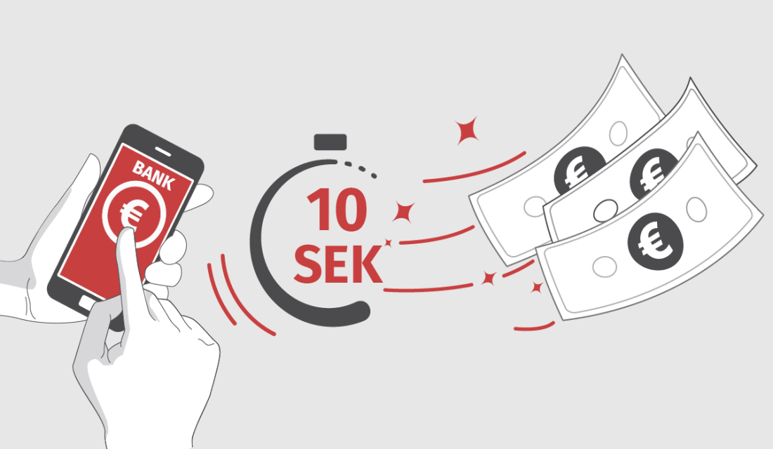 Ein Smartphone mit einer Bank-App, daneben fallende Geldscheine und der Text “10 Sek”, der schnelle Überweisungen symbolisiert.