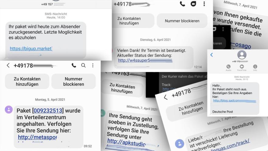 Collage aus Screenshots verschiedener falscher Paketdienst-SMS