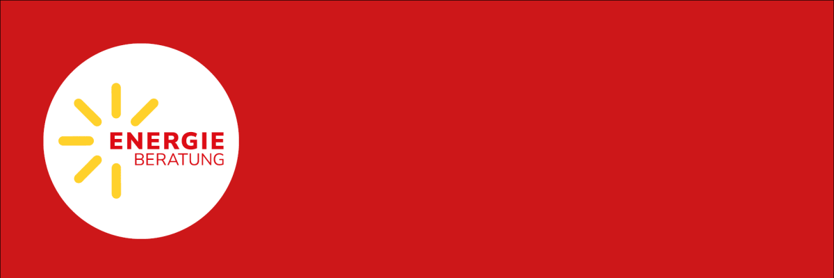 weißer Kreis mit gelber Sonne auf dunkelrotem Hintergrund, Schriftzug Energieberatung im Kreis