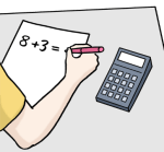 Zeichnung eines Armes, der gerade eine Matheaufgabe löst. Daneben ist ein Taschenrechner.