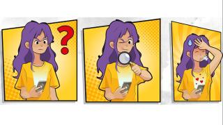 Dreiteiliges Bild mit einer weiblichen Comicfigur mit Lupe, die angestrengt ein Rätsel löst