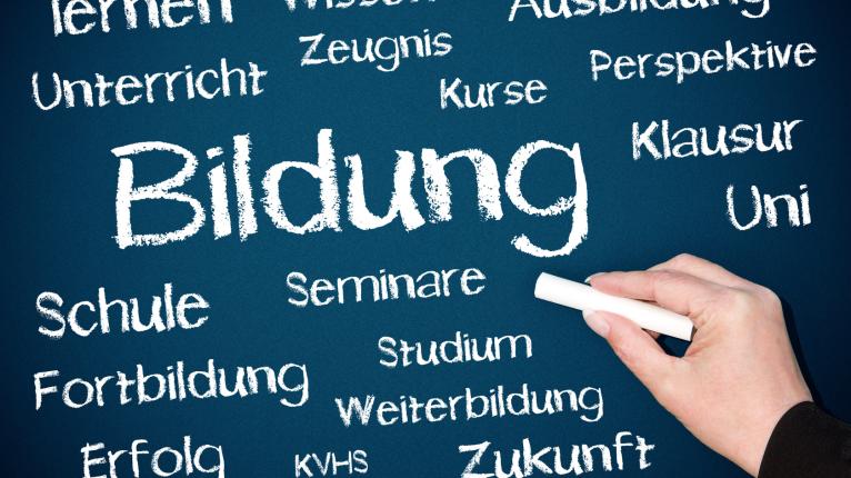 Schriftzug "Bildung" mit Kreide an eine Tafel geschrieben